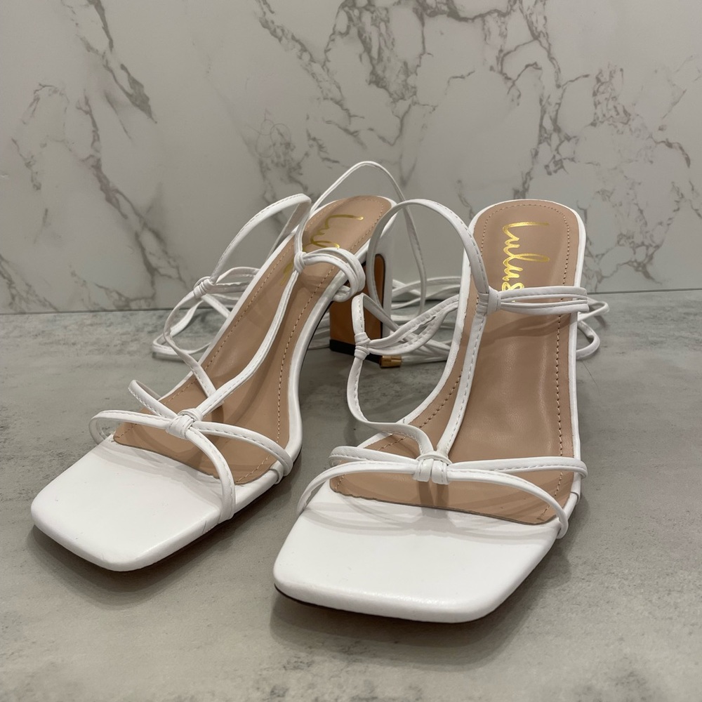 Lulu’s Jillia White Square Toe Lace Up High Heel Sandals - Picture 3 of 5